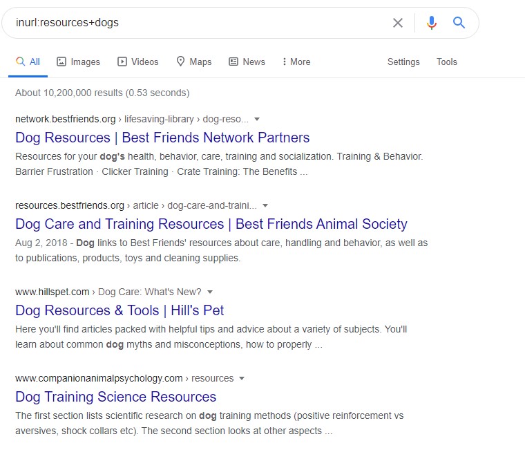 Example of inurl Google Search to find resources for dogs niche